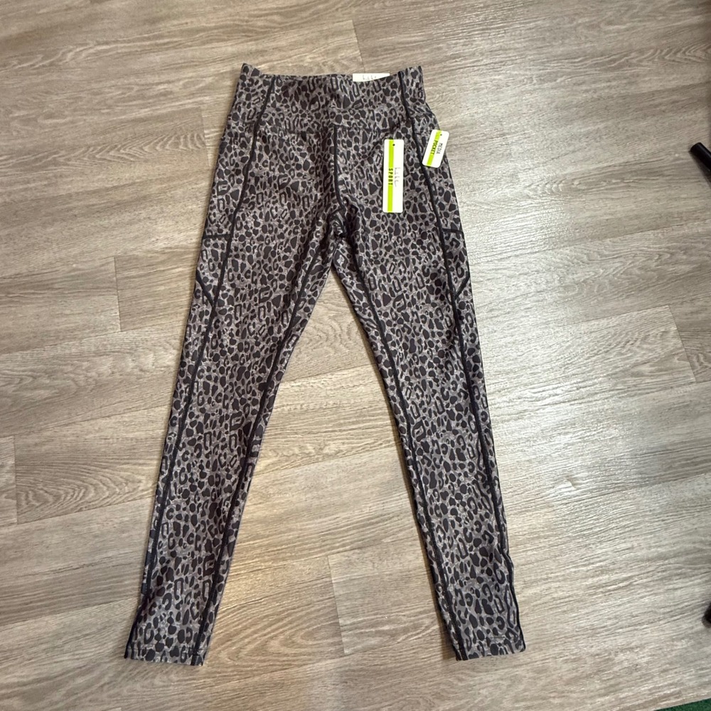 Nicole Miller Sport Woman's Gray Leopard Print Active Leggings Media Pocket M